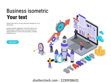 Flat isometric vector design. Startup concept with character for website landing page and mobile template.