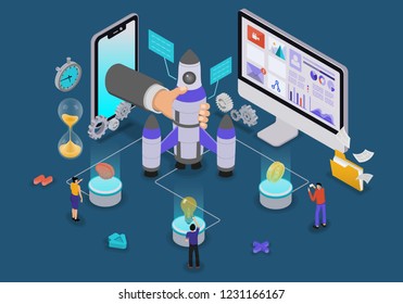 Flat isometric vector design. Startup concept with character for website landing page and mobile template.