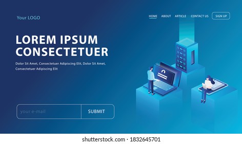 flat isometric vector illustration, applying and working from home