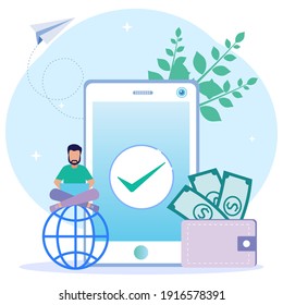 Flat Isometric Vector Illustration. Character People sit next to smartphones and wallets, Send and Receive. Money Transfer and Payment Transactions in the Online Banking Mobile Application.