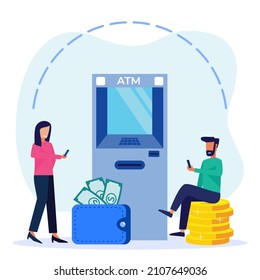 Flat Isometric Vector Illustration. Character People sit next to smartphones and wallets, Send and Receive. Money Transfer and Payment Transactions in the Online Banking Mobile Application.