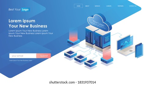 flat isometric vector illustration, cloud server and e-commerce