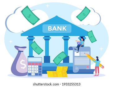 Flat Isometric Vector Illustration. Coins, Banknotes, Financial Documents are in the building of the Bank. Public Financial Audit Concept.