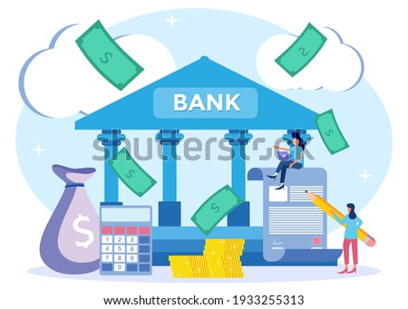 Flat Isometric Vector Illustration. Coins, Banknotes, Financial Documents are in the building of the Bank. Public Financial Audit Concept.