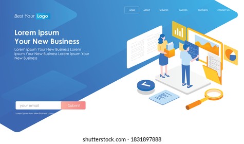 flat isometric vector illustration, compiling data and content translation