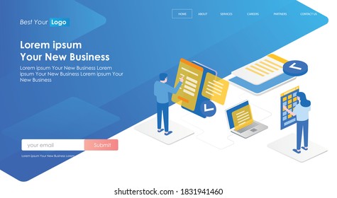flat isometric vector illustration, creating application layouts and running them