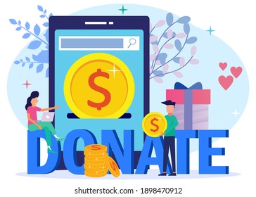 Flat isometric vector illustration. Donation and charity concept. People raise funds to donate online.