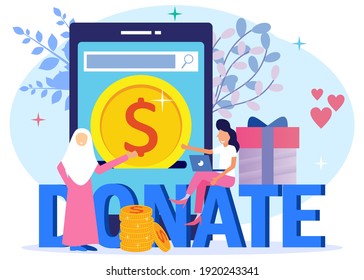 Flat isometric vector illustration. Donation and charity concept. People raise funds to donate online.