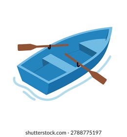 A flat isometric vector illustration featuring a simple blue rowboat with wooden oars floating on stylized water ripples.