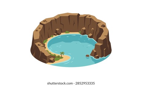 A flat isometric vector illustration featuring a hidden tropical rocky cove and lagoon.