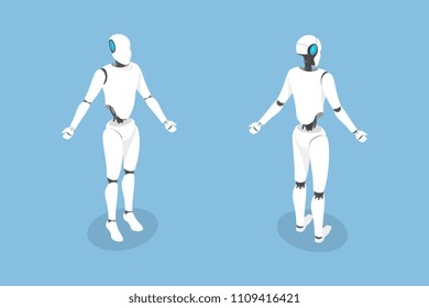 Flat isometric vector illustration. Fron and back view of a cyborg.