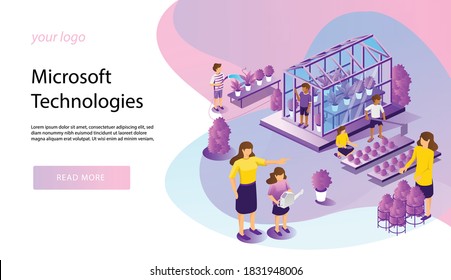 flat isometric vector illustration, gardening for children