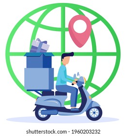 Flat Isometric Vector Illustration. Intelligent Logistics Concept. Online Delivery Service. The courier on the scooter sends the order box. Smartphone with Mobile App for Shipment Tracking.