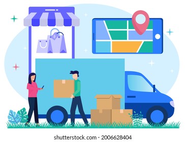 Flat Isometric Vector Illustration. Intelligent Logistics Concept. Online Delivery Service. The courier on the scooter sends the order box. Smartphone with Mobile App for Shipment Tracking.