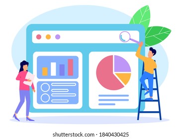 Flat isometric vector illustration isolated on white background. 2 people who are part of the team working together on seo. Can be used for web banners, infographics, hero images.