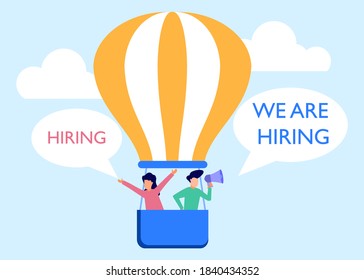 Flat isometric vector illustration isolated on white background. Employer recruitment of workers, opening vacancies and creating advertisements. Can be used for web banners, infographics, hero images.