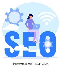 Flat isometric vector illustration isolated on white background. The character of the person sitting on the SEO letters with a laptop. Can be used for web banners, infographics, hero images.