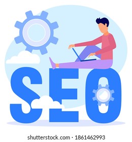 Flat isometric vector illustration isolated on white background. The character of the person sitting on the SEO letters with a laptop. Can be used for web banners, infographics, hero images.