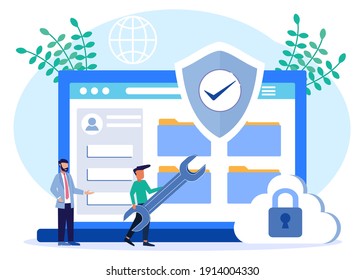 Flat isometric vector illustration isolated on white background. The concept of data protection, the character of the person around the laptop. Can be used for web banners, infographics, hero images.