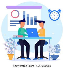 Flat isometric vector illustration isolated on white background. Business characters working together on projects. Teamwork and partnership concept. Discuss around the one table business.