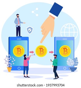 Flat isometric vector illustration isolated on white background. Bitcoin concept banner, Cryptocurrency exchange. Can be used for web banners, infographics, hero images.