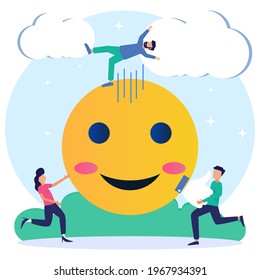 Flat isometric vector illustration isolated on white background. Social media concept with smiley emoji icon, happy people character.