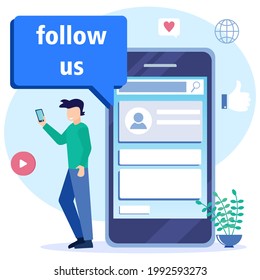 Flat isometric vector illustration isolated on a white background. Social media concept with people character. follow friends in the world of social media.
