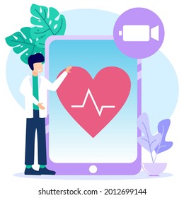 Ilustración vectorial isométrica plana aislada en un fondo blanco. Concepto de consulta en línea con un doctor cerca de un gran smartphone.