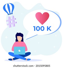 Flat isometric vector illustration isolated on a white background Social media concept with characters gaining lots of followers and support.