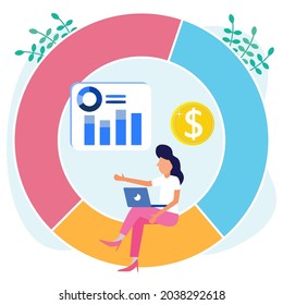 Flat isometric vector illustration isolated on white background. The concept of data analysis with diagram view. Can be used for web banners, infographics, hero images.