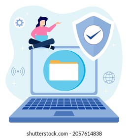Ilustración vectorial isométrica plana aislada sobre fondo blanco. El concepto de protección de datos, el carácter de la persona alrededor del portátil. Se puede usar para banners web, infografías, imágenes de héroes.