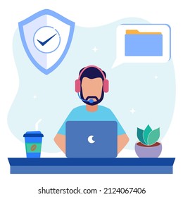 Flat isometric vector illustration isolated on white background. The concept of data protection, the character of the person around the laptop. Can be used for web banners, infographics, hero images.