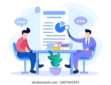 Flat isometric vector illustration isolated on white background. Financial audit business concept and company data. Can be used for web banners, infographics, hero images.