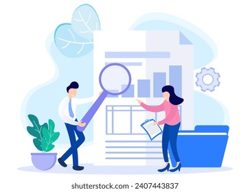 Flat isometric vector illustration isolated on white background. Financial audit business concept and company data. Can be used for web banners, infographics, hero images.