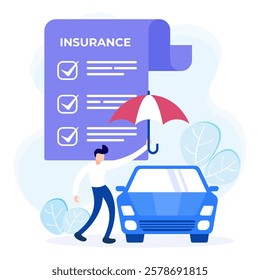 Flat isometric vector illustration isolated on white background. Car insurance concept with text place. Secure property and objects.