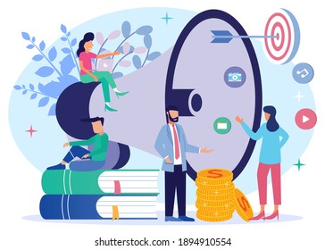 Flat Isometric Vector Illustration. People characters use Big Loudspeaker to Communicate with Audience. PR Agency Team working on Social Media Promotion. Concept of Public Relations, Digital Marketing