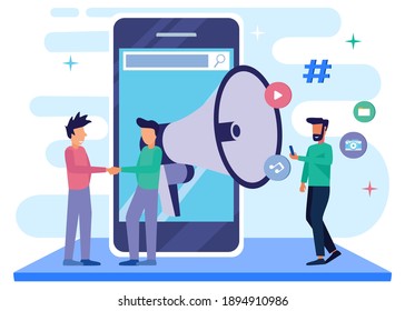 Flat Isometric Vector Illustration. People characters use Big Loudspeaker to Communicate with Audience. PR Agency Team working on Social Media Promotion. Concept of Public Relations, Digital Marketing