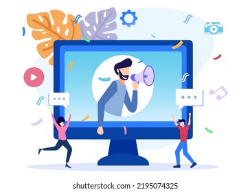Flache Isometrische Vektorgrafik. Charaktere benutzen Big-Lautsprecher, um mit Publikum zu kommunizieren. Das Team der PR-Agentur arbeitet an der Förderung sozialer Medien. Digital- und Media-Marketing.