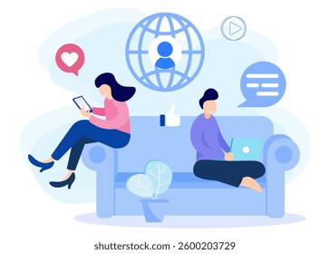 Flat Isometric Vector Illustration. People Characters communicate via Smartphone and view new Social Media Posts. Women and Men leave Comments and likes for Photos in Mobile App.