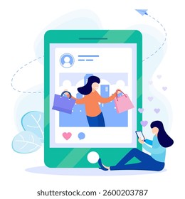 Flat Isometric Vector Illustration. People Characters communicate via Smartphone and view new Social Media Posts. Women and Men leave Comments and likes for Photos in Mobile App.