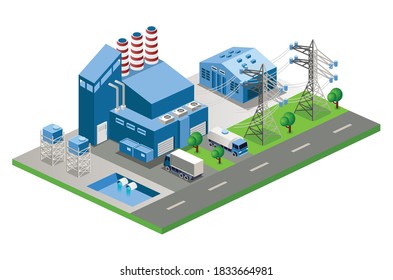 Flat isometric vector illustration, Power generation orthogonal and Boiler factory 