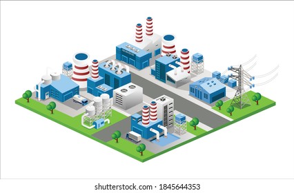 Flat isometric vector illustration, Power generation orthogonal and smart factory