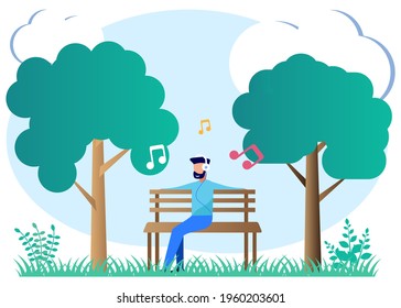 Flat isometric vector illustration. Public garden relax concept banner listening to music with characters. Can be used for web banners, infographics, hero images.