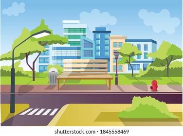 Flat isometric vector illustration, road and car, city street with Park bench landscape 