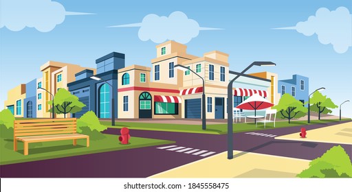 Flat Isometric Vector Illustration, Road And Car, City Street With Park Bench Landscape 