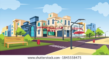 Flat isometric vector illustration, road and car, city street with Park bench landscape 