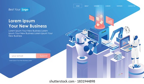 flat isometric vector illustration, the robot works automatically and learns