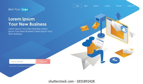 flat isometric vector illustration, sending data via email