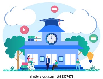 Flat Isometric Vector Illustration. Students Study Online at University or College. Character of People Learn Together with Smartphones, Laptops and Books. Distance Education Technology Concept.