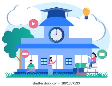 Flat Isometric Vector Illustration. Students Study Online at University or College. Character of People Learn Together with Smartphones, Laptops and Books. Distance Education Technology Concept.